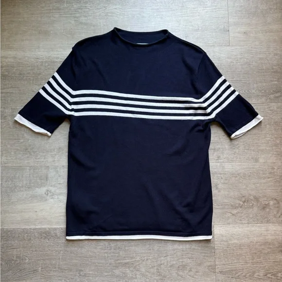 MNG Mango Striped Fine Knit Short Sleeves Top Size L Navy Blue And White - Picture 2 of 8